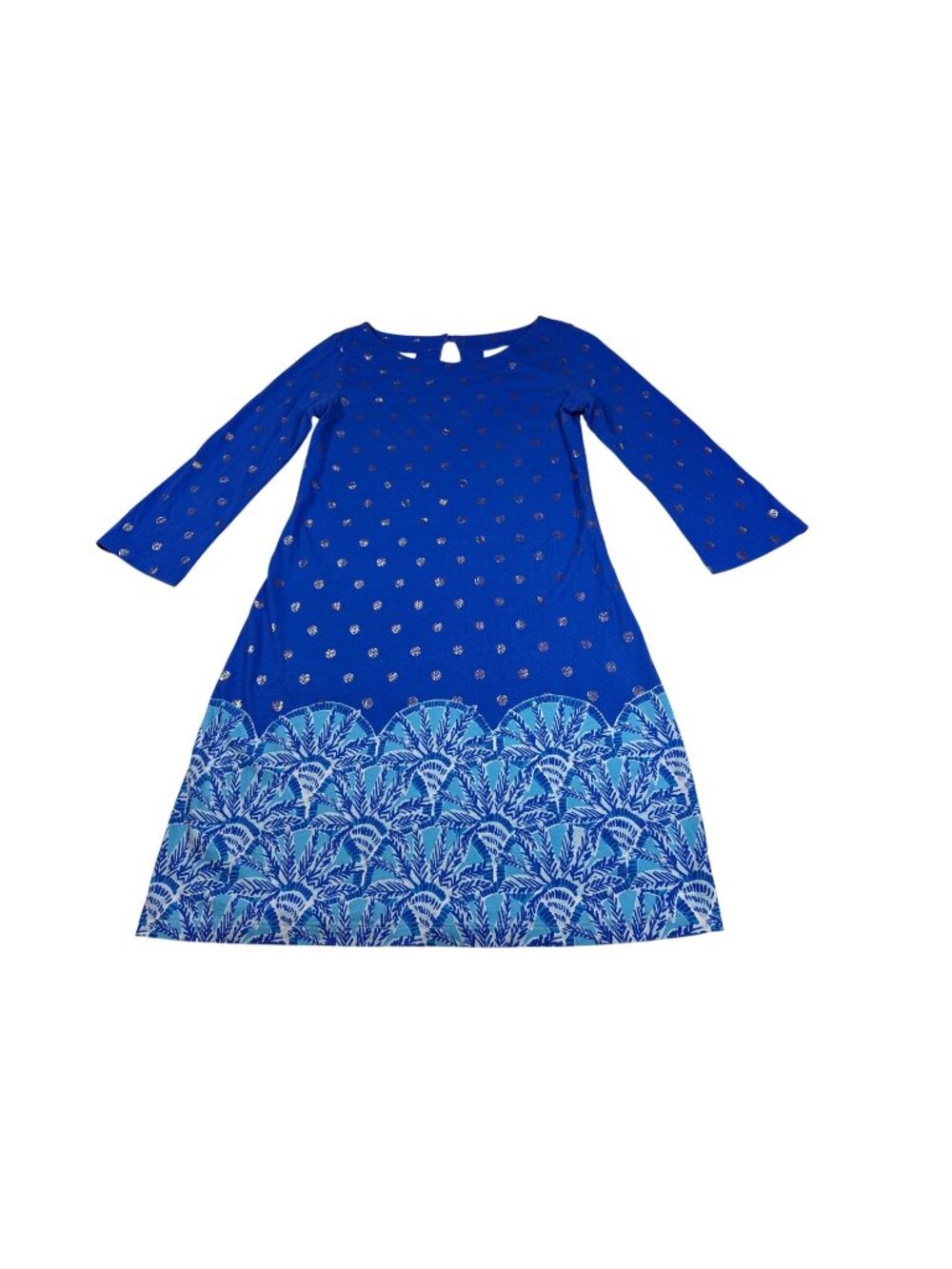 Lilly Pulitzer Blue Pima Cotton Dress Small 3/4 Sleeve Metallic Dot Palm (PP582)